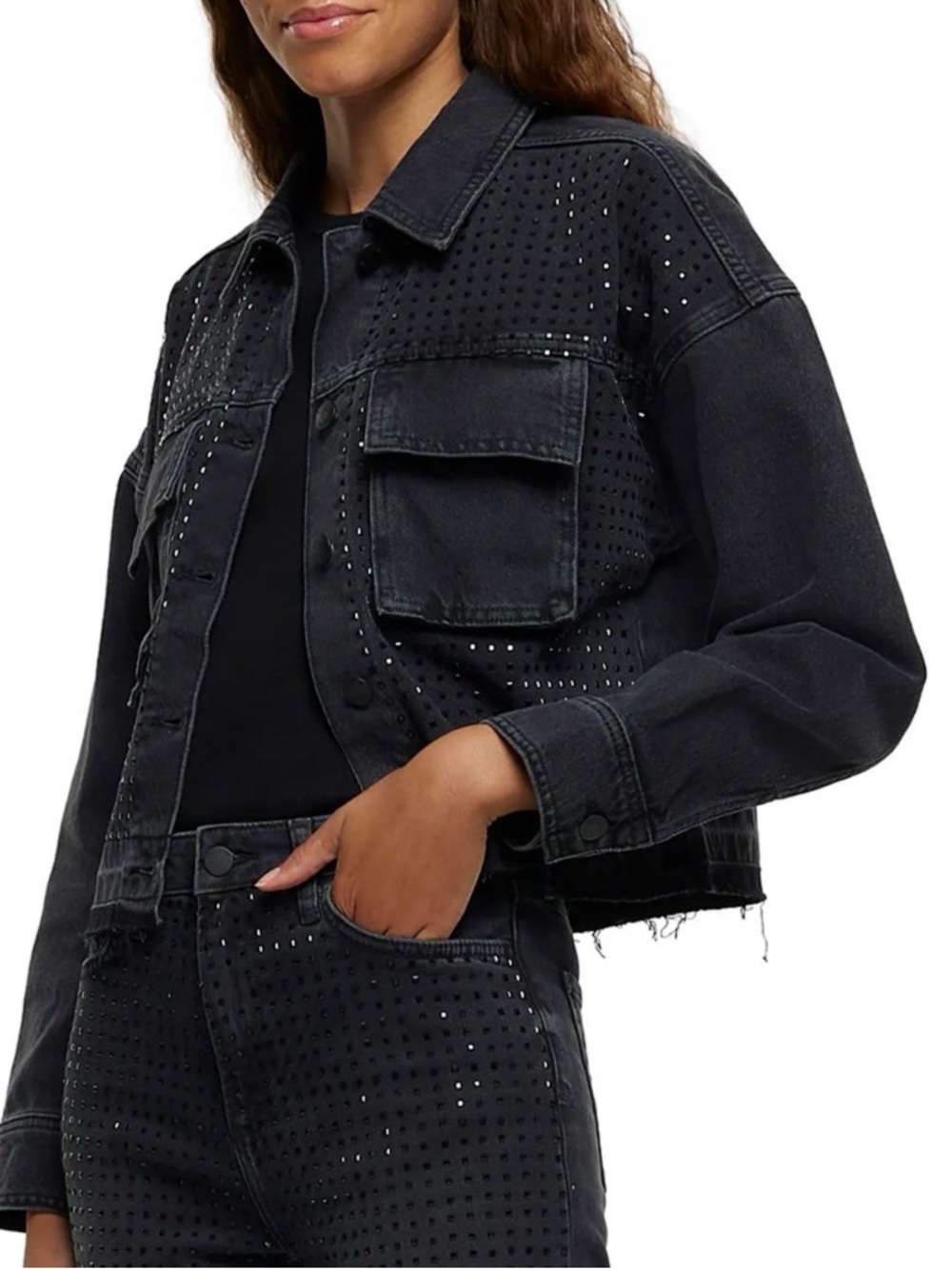 NWT River Island Black Embellished Cropped Denim Jacket Size XS